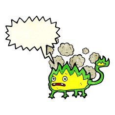 cartoon little fire demon with speech bubble N4