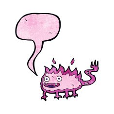 cartoon little fire demon with speech bubble N6
