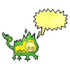 cartoon little fire demon with speech bubble N8