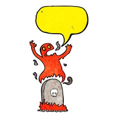 cartoon ghost rising from grave with speech bubble N7