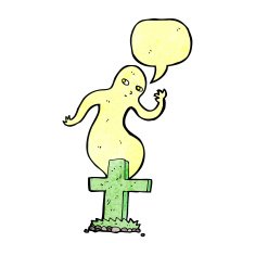 cartoon ghost rising from grave with speech bubble N8