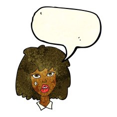 cartoon woman with bruised face speech bubble N3