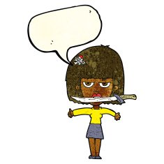 cartoon woman with knife between teeth speech bubble N9