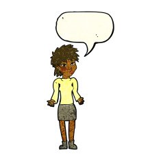 cartoon woman shrugging shoulders with speech bubble N101