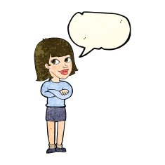 cartoon happy woman looking over with speech bubble N4