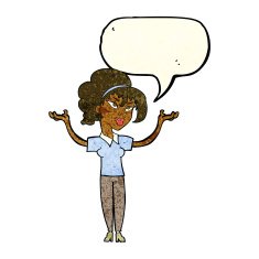 cartoon woman raising hands in air with speech bubble N5