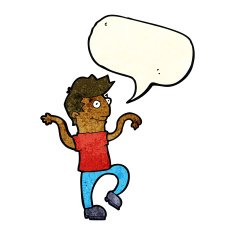 cartoon happy man doing funny dance with speech bubble N4