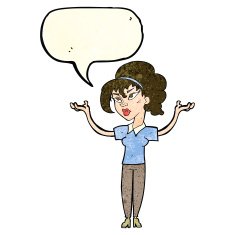 cartoon woman raising hands in air with speech bubble N6
