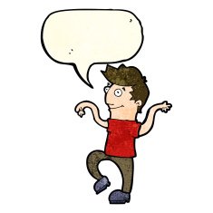 cartoon happy man doing funny dance with speech bubble N6