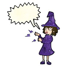 cartoon witch casting spell with speech bubble N6