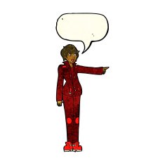 cartoon woman in leather jacket pointing with speech bubble N3