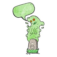 cartoon ghost rising from grave with speech bubble N10