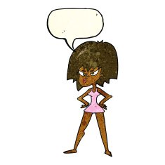 cartoon angry woman in dress with speech bubble N3