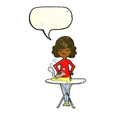 cartoon woman ironing with speech bubble N3