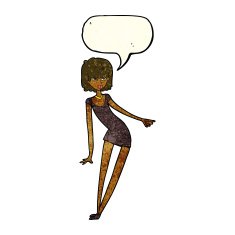 cartoon woman in dress leaning with speech bubble N3