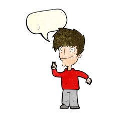 cartoon man giving peace sign with speech bubble N13