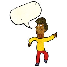 cartoon worried man pointing with speech bubble N7