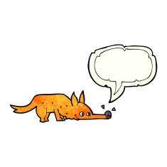 cartoon fox sniffing floor with speech bubble N2
