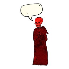 cartoon spooky skeleton in robe with speech bubble N2