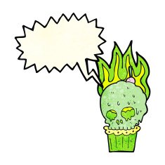 cartoon spooky skull cupcake with speech bubble N3