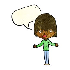 cartoon woman shrugging shoulders with speech bubble N108