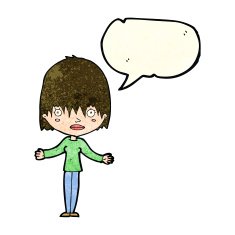 cartoon woman shrugging shoulders with speech bubble N110