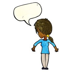 cartoon woman shrugging shoulders with speech bubble N114