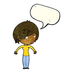 cartoon woman shrugging with speech bubble N12