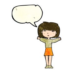 cartoon woman raising arms in air with speech bubble N4