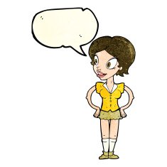 cartoon happy woman in short skirt with speech bubble N2