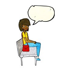 cartoon woman sitting on bench with speech bubble N3