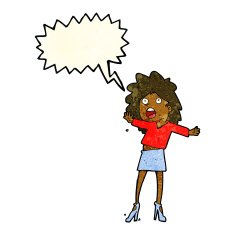 cartoon woman having trouble walking in heels with speech bubble N3