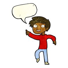 cartoon happy boy pointing with speech bubble N5