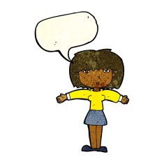 cartoon woman shrugging shoulders with speech bubble N115