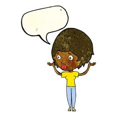 cartoon woman raising hands in air with speech bubble N7