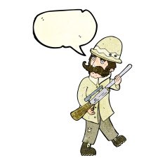 cartoon big game hunter with speech bubble N4