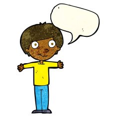cartoon happy boy with open arms speech bubble N4