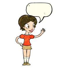 cartoon waving woman with speech bubble N46