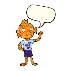 cartoon waving fish boy with speech bubble N3