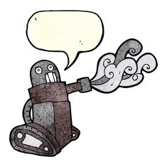 cartoon tank robot with speech bubble N3