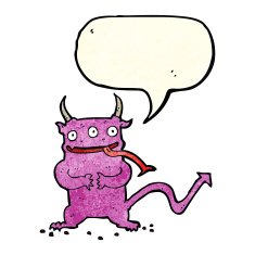cartoon little demon with speech bubble N7