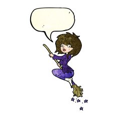 cartoon witch riding broomstick with speech bubble N5
