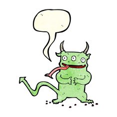 cartoon little demon with speech bubble N8