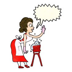 cartoon housewife washing up with speech bubble N3