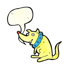 cartoon happy dog in big collar with speech bubble N3
