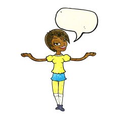 cartoon woman making open arm gesture with speech bubble N3