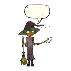 cartoon witch casting spell with speech bubble N7