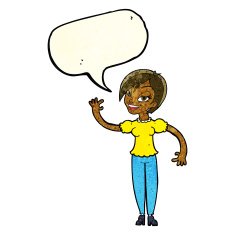 cartoon woman waving with speech bubble N76