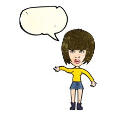 cartoon woman waving away with speech bubble N3