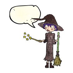 cartoon witch casting spell with speech bubble N8
